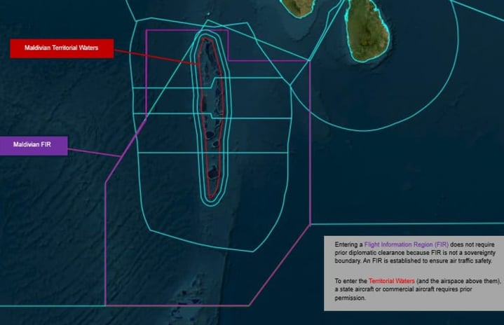 A chart showing the maritime territory and FIR of the Maldives: Although vessels must obtain permission when entering the maritime territory, no permission is required to enter the FIR.